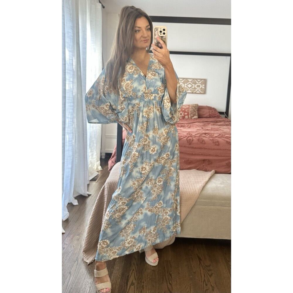 Vintage Montgomery Ward Size M/L Blue Brown Floral Dolman Sleeve Maxi Dress